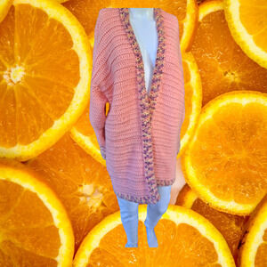 Hand Knit Open Front Long Pink Sweater With Colorful Accents‎